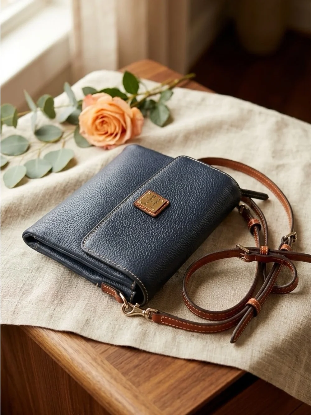 Dooney & Bourke Navy Pebble Leather Crossbody with Brown Strap